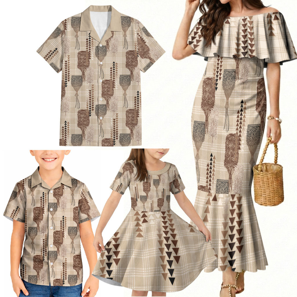 Aloha Hawaii Vintage Kahili Pa'a Lima Family Matching Mermaid Dress and Hawaiian Shirt Palaka Print Cozy Beige
