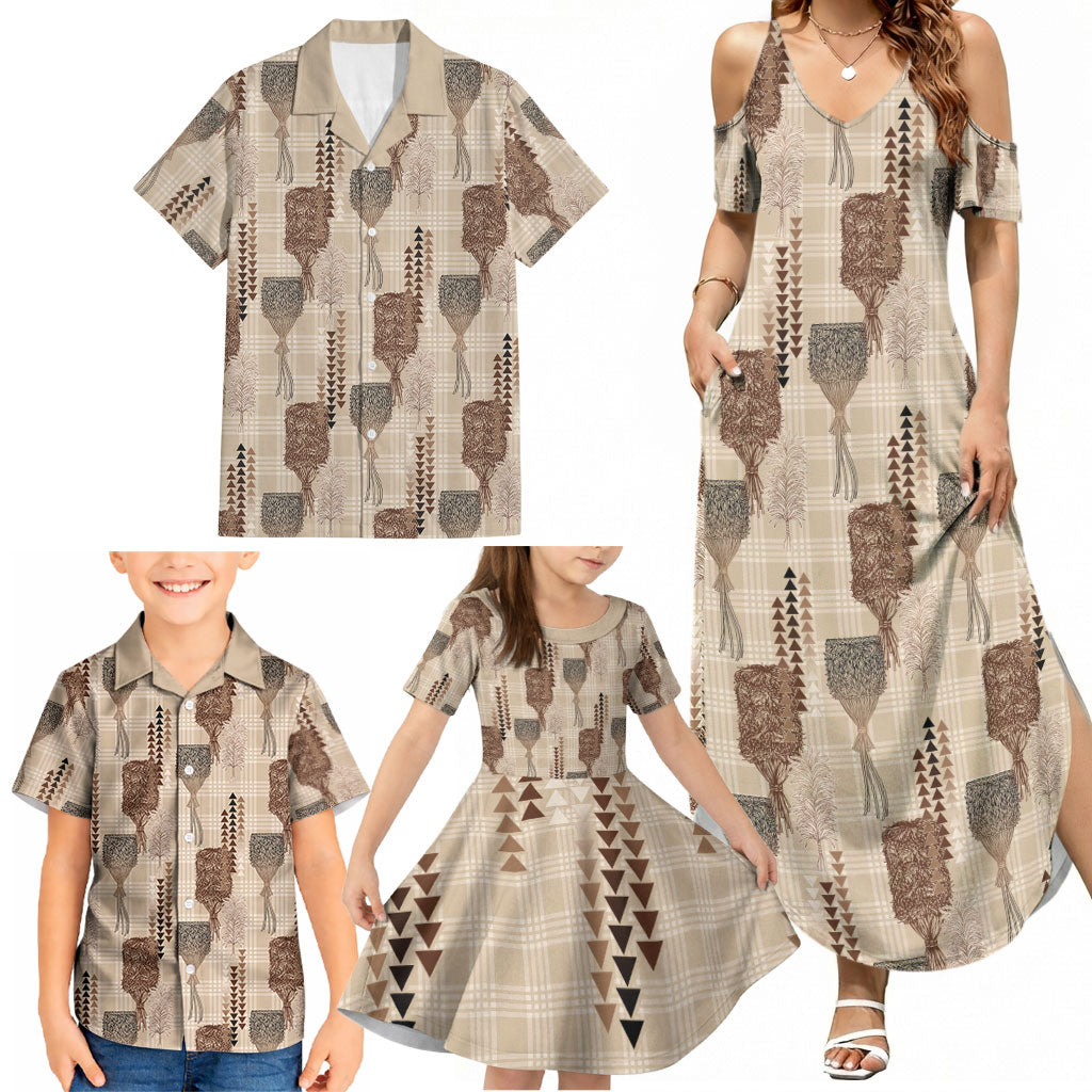 Aloha Hawaii Vintage Kahili Pa'a Lima Family Matching Summer Maxi Dress and Hawaiian Shirt Palaka Print Cozy Beige