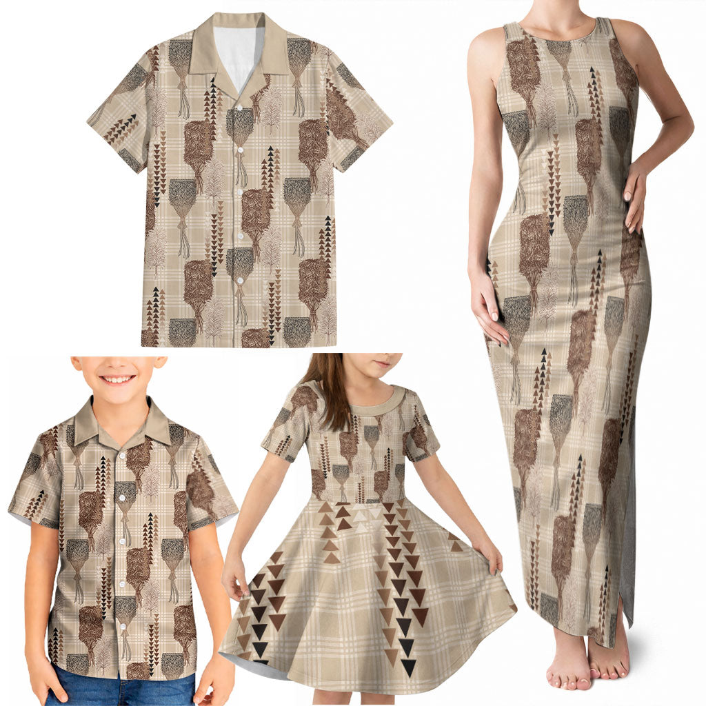 Aloha Hawaii Vintage Kahili Pa'a Lima Family Matching Tank Maxi Dress and Hawaiian Shirt Palaka Print Cozy Beige LT7 - Polynesian Pride