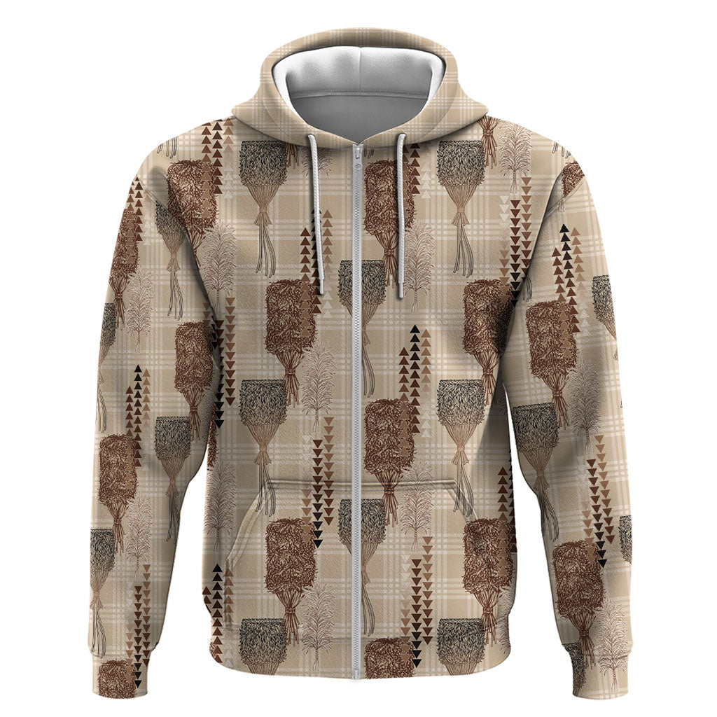 Aloha Hawaii Vintage Kahili Pa'a Lima Hoodie Palaka Print Cozy Beige