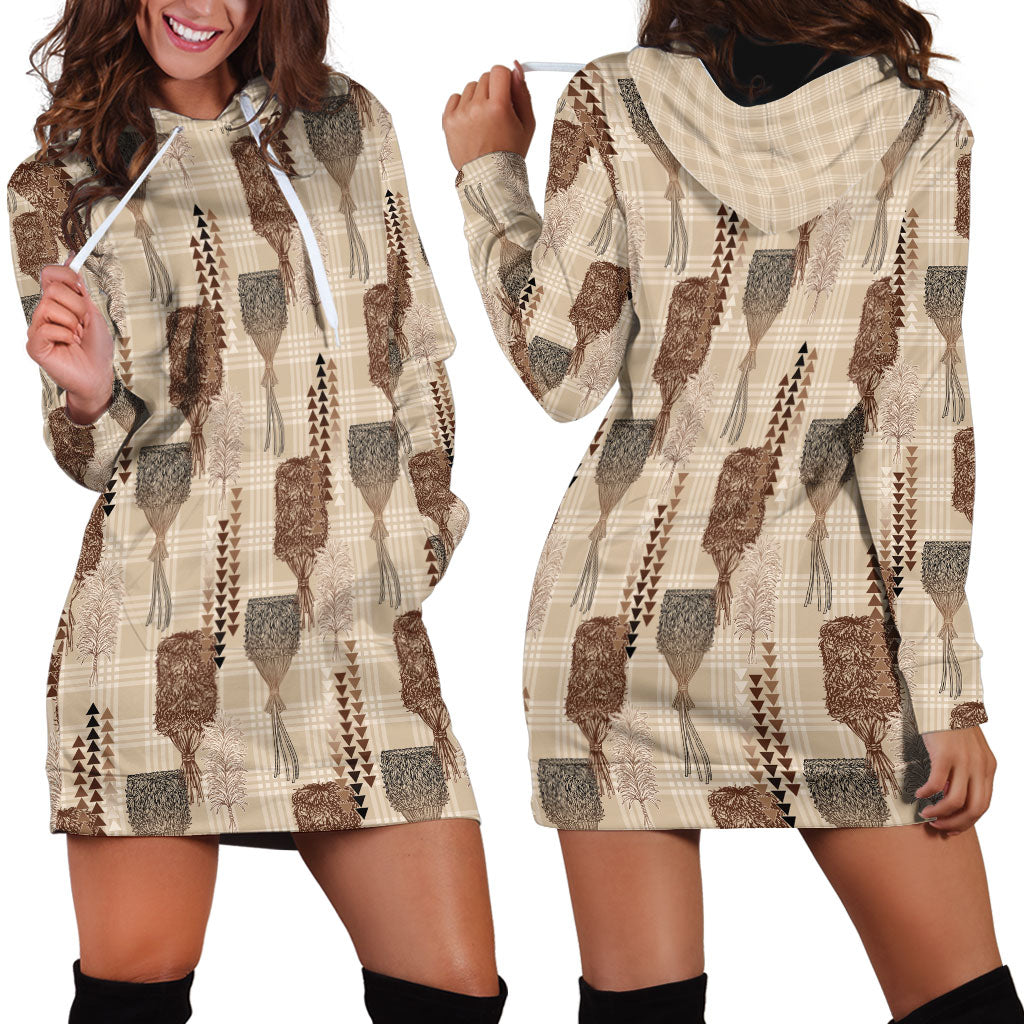 Aloha Hawaii Vintage Kahili Pa'a Lima Hoodie Dress Palaka Print Cozy Beige
