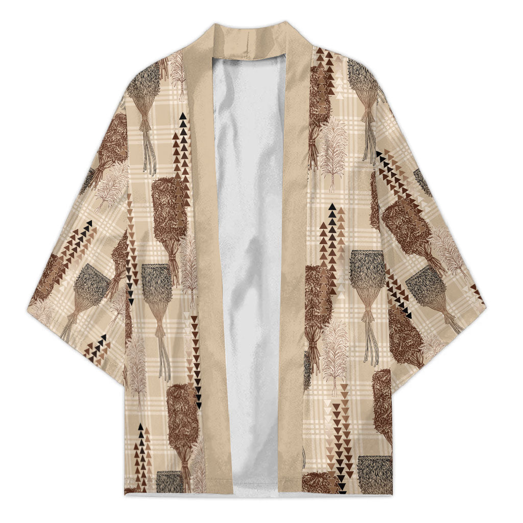 Aloha Hawaii Vintage Kahili Pa'a Lima Kimono Palaka Print Cozy Beige