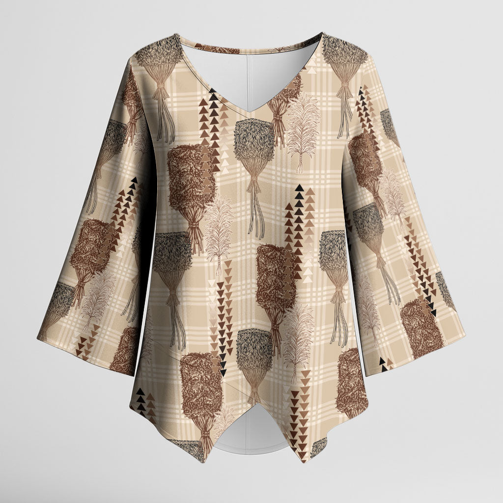 Aloha Hawaii Vintage Kahili Pa'a Lima Kimono Sleeve Blouse Palaka Print Cozy Beige LT7 Female Beige - Polynesian Pride