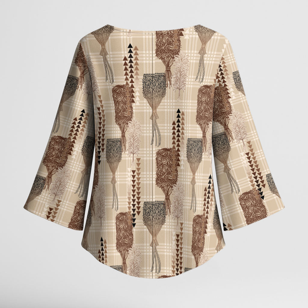 Aloha Hawaii Vintage Kahili Pa'a Lima Kimono Sleeve Blouse Palaka Print Cozy Beige