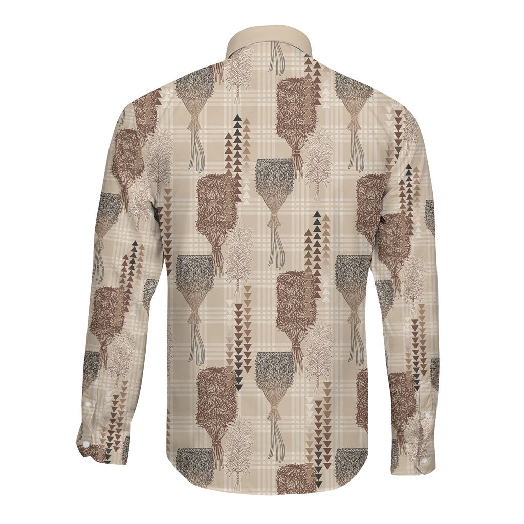 Aloha Hawaii Vintage Kahili Pa'a Lima Long Sleeve Button Shirt Palaka Print Cozy Beige