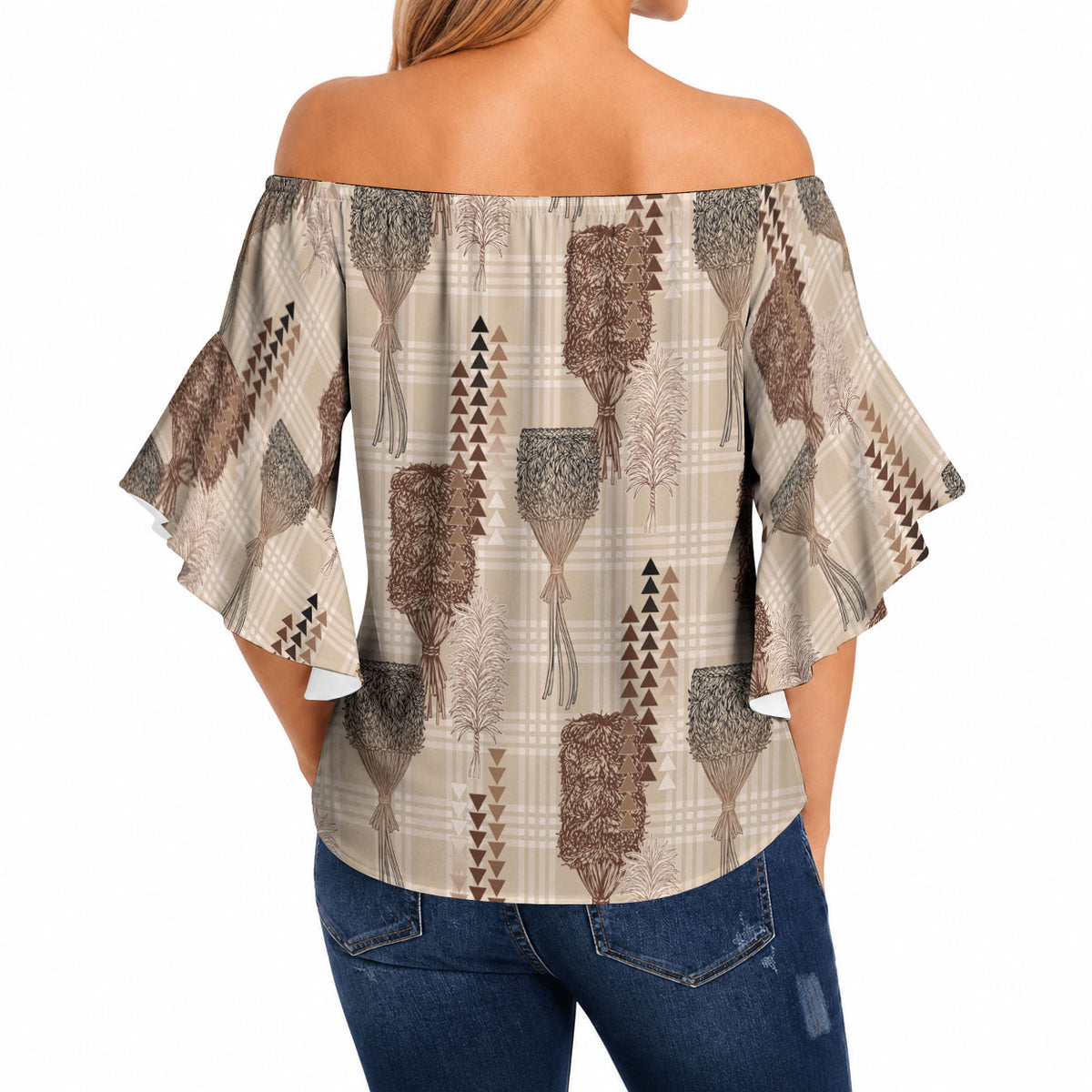 Aloha Hawaii Vintage Kahili Pa'a Lima Off Shoulder Wrap Waist Top Palaka Print Cozy Beige LT7 - Polynesian Pride