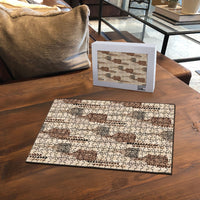 Aloha Hawaii Vintage Kahili Pa'a Lima Puzzle Palaka Print Cozy Beige