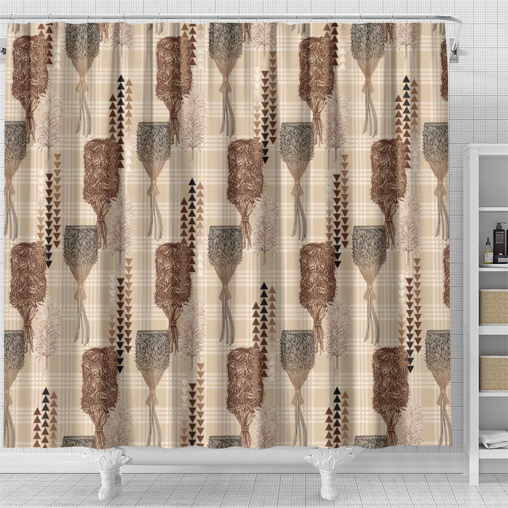 Aloha Hawaii Vintage Kahili Pa'a Lima Shower Curtain Palaka Print Cozy Beige
