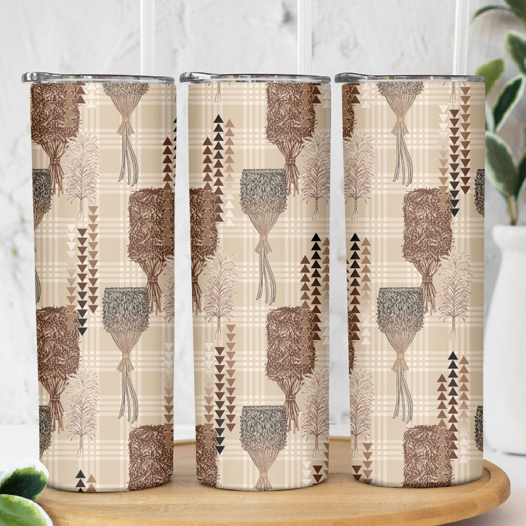 Aloha Hawaii Vintage Kahili Pa'a Lima Skinny Tumbler Palaka Print Cozy Beige