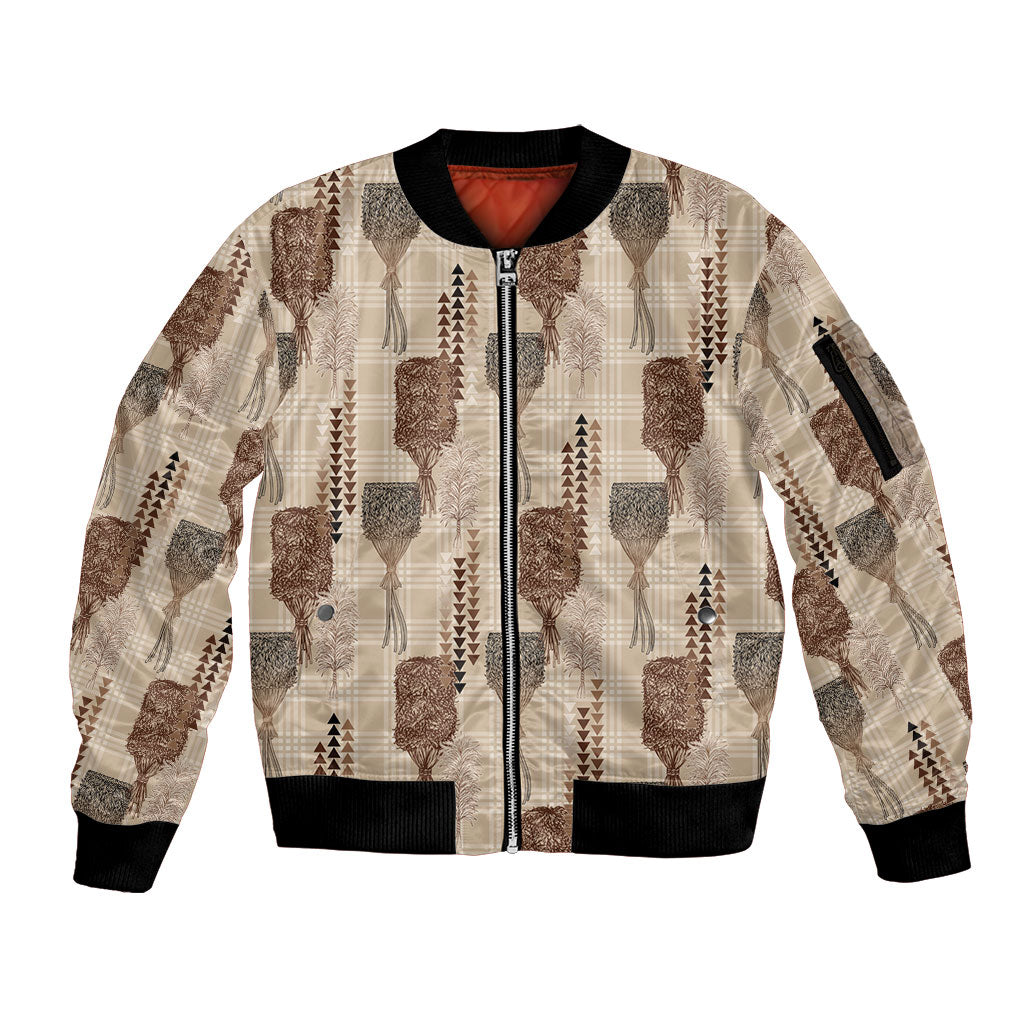 Aloha Hawaii Vintage Kahili Pa'a Lima Sleeve Zip Bomber Jacket Palaka Print Cozy Beige