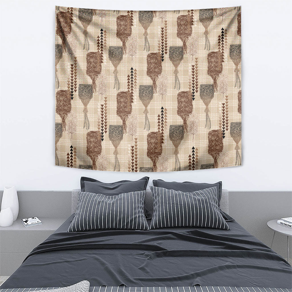 Aloha Hawaii Vintage Kahili Pa'a Lima Tapestry Palaka Print Cozy Beige