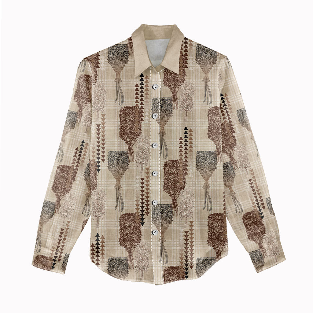 Aloha Hawaii Vintage Kahili Pa'a Lima Women Casual Shirt Palaka Print Cozy Beige