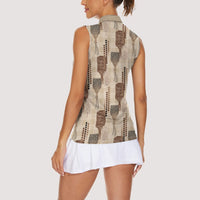 Aloha Hawaii Vintage Kahili Pa'a Lima Women Sleeveless Polo Shirt Palaka Print Cozy Beige