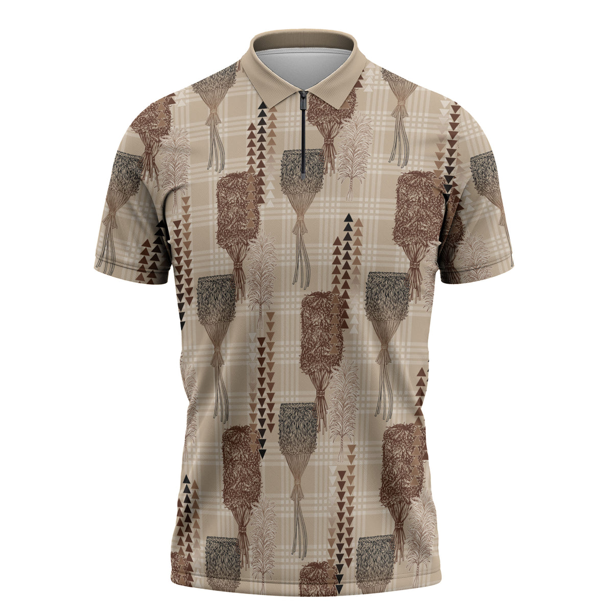 Aloha Hawaii Vintage Kahili Pa'a Lima Zipper Polo Shirt Palaka Print Cozy Beige