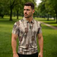 Aloha Hawaii Vintage Kahili Pa'a Lima Zipper Polo Shirt Palaka Print Cozy Beige