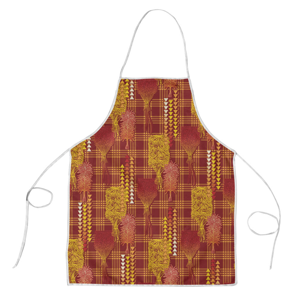 Aloha Hawaii Vintage Kahili Pa'a Lima Apron Palaka Print Hilo Royal Red-Yellow