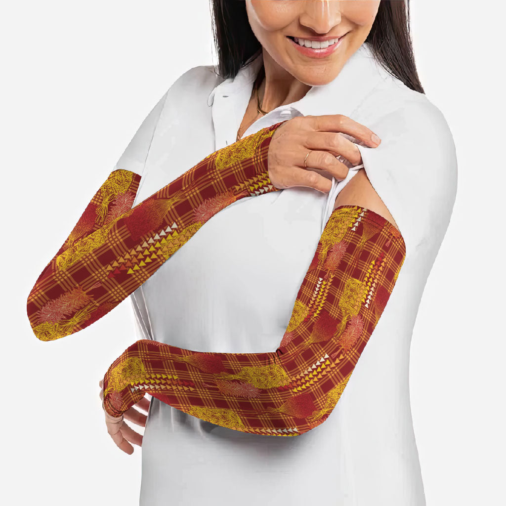 Aloha Hawaii Vintage Kahili Pa'a Lima Arm Sleeves Palaka Print Hilo Royal Red-Yellow