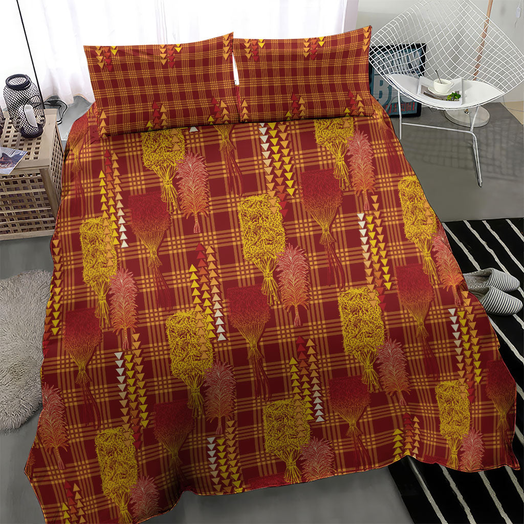 Aloha Hawaii Vintage Kahili Pa'a Lima Bedding Set Palaka Print Hilo Royal Red-Yellow