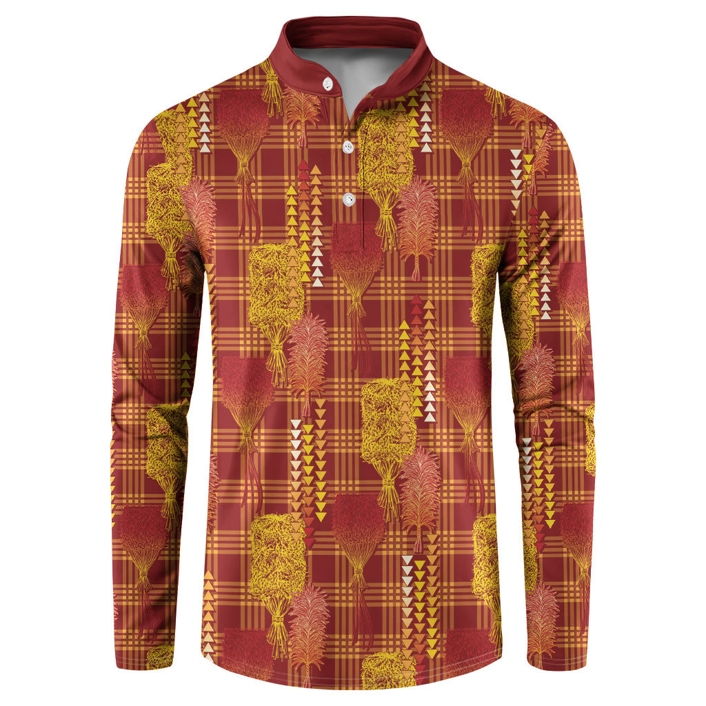 Aloha Hawaii Vintage Kahili Pa'a Lima Button Sweatshirt Palaka Print Hilo Royal Red-Yellow