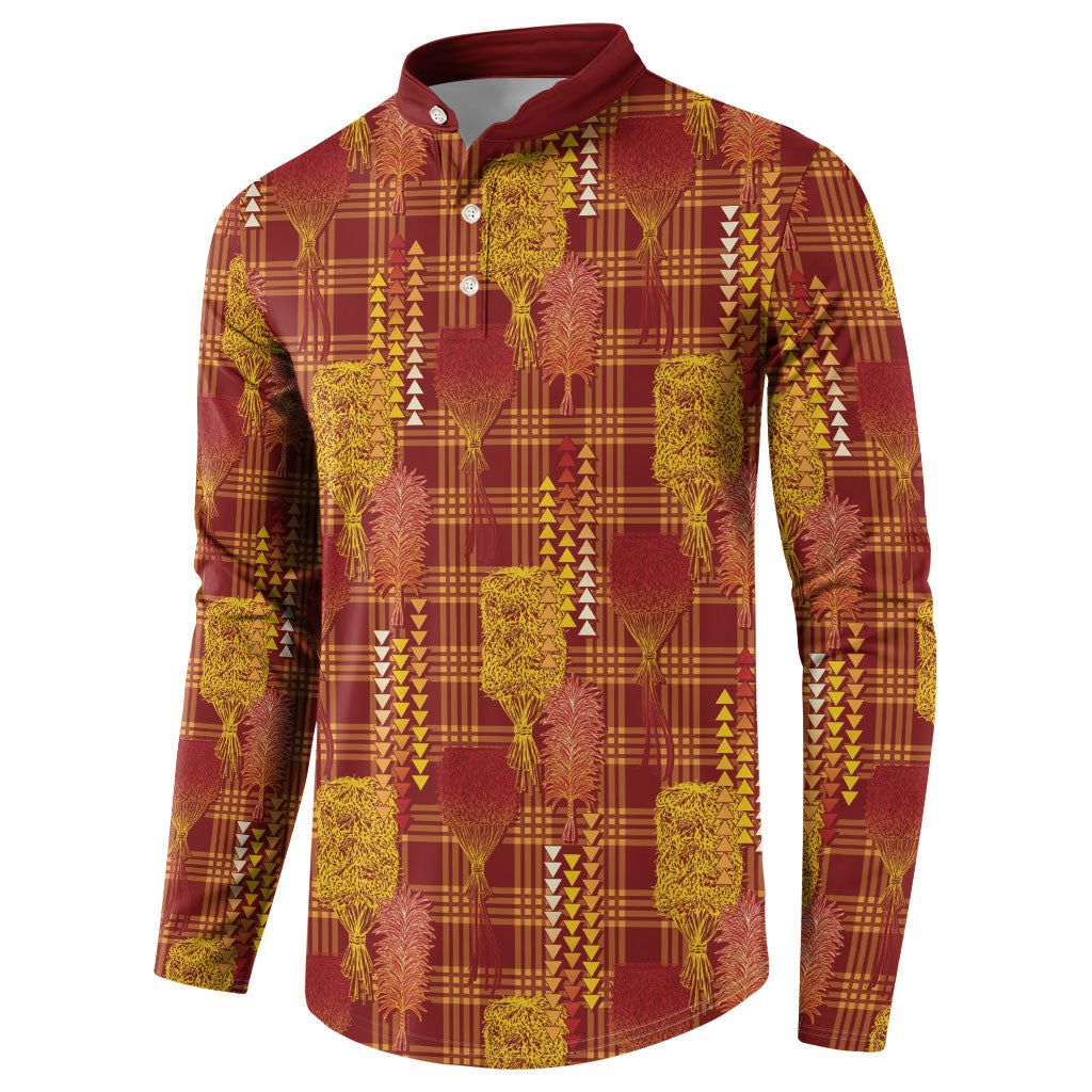 Aloha Hawaii Vintage Kahili Pa'a Lima Button Sweatshirt Palaka Print Hilo Royal Red-Yellow