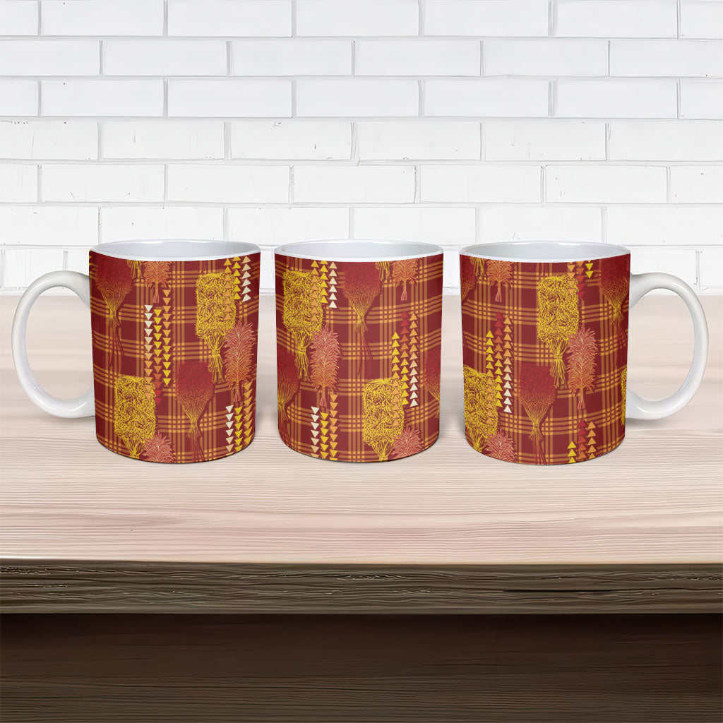 Aloha Hawaii Vintage Kahili Pa'a Lima Ceramic Mug Palaka Print Hilo Royal Red-Yellow