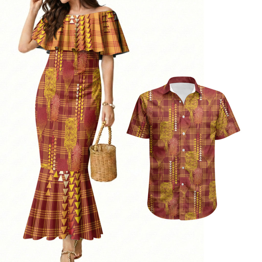 Aloha Hawaii Vintage Kahili Pa'a Lima Couples Matching Mermaid Dress and Hawaiian Shirt Palaka Print Hilo Royal Red-Yellow LT7 Red - Polynesian Pride