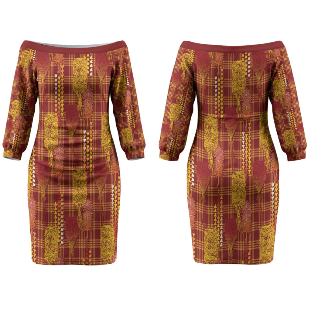 Aloha Hawaii Vintage Kahili Pa'a Lima Couples Matching Off The Shoulder Long Sleeve Dress and Hawaiian Shirt Palaka Print Hilo Royal Red-Yellow