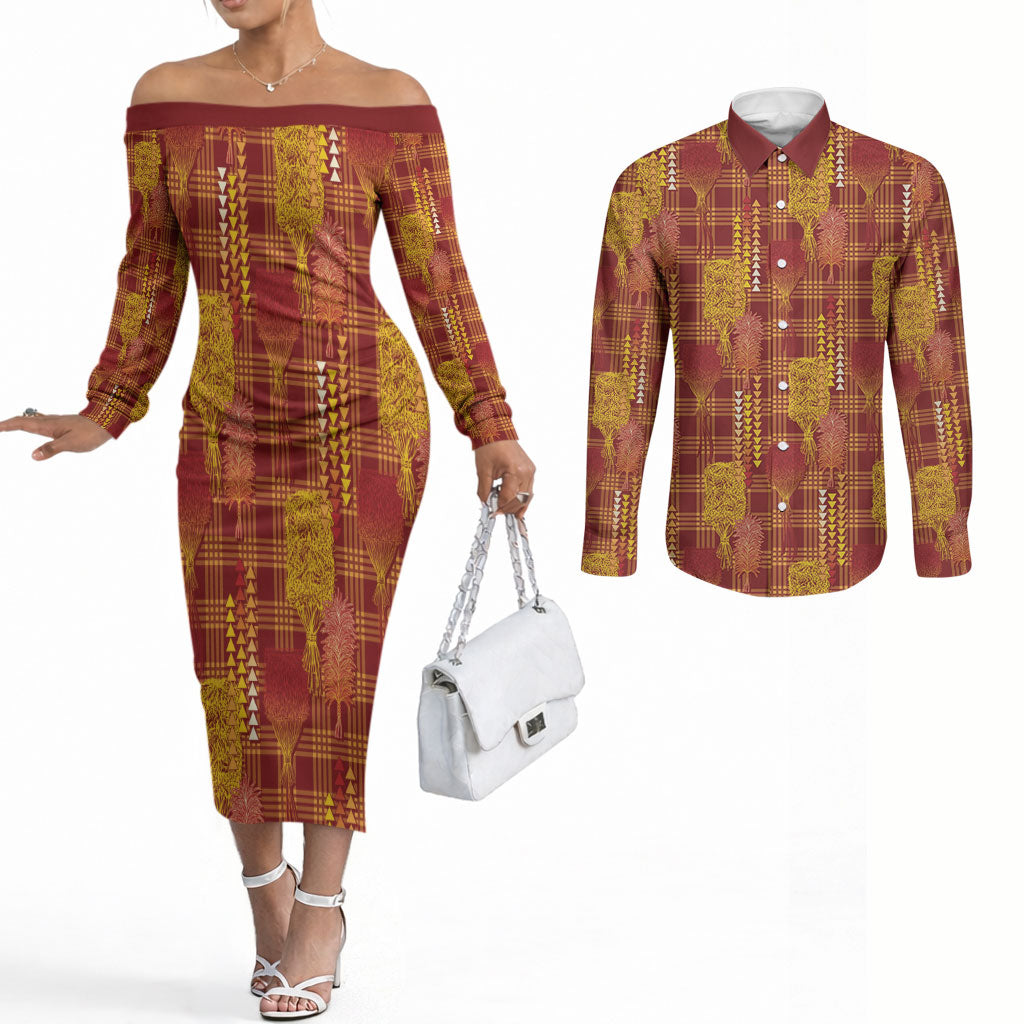 Aloha Hawaii Vintage Kahili Pa'a Lima Couples Matching Off The Shoulder Long Sleeve Dress and Long Sleeve Button Shirt Palaka Print Hilo Royal Red-Yellow
