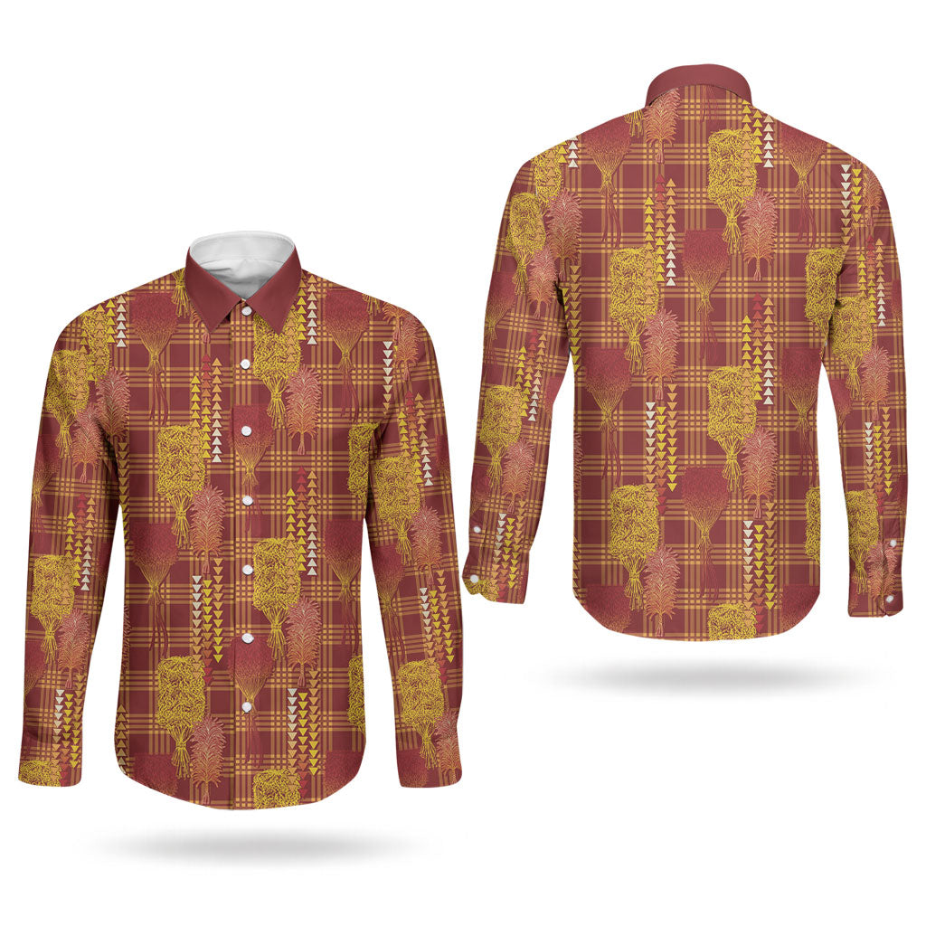Aloha Hawaii Vintage Kahili Pa'a Lima Couples Matching Puletasi and Long Sleeve Button Shirt Palaka Print Hilo Royal Red-Yellow