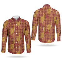 Aloha Hawaii Vintage Kahili Pa'a Lima Couples Matching Puletasi and Long Sleeve Button Shirt Palaka Print Hilo Royal Red-Yellow
