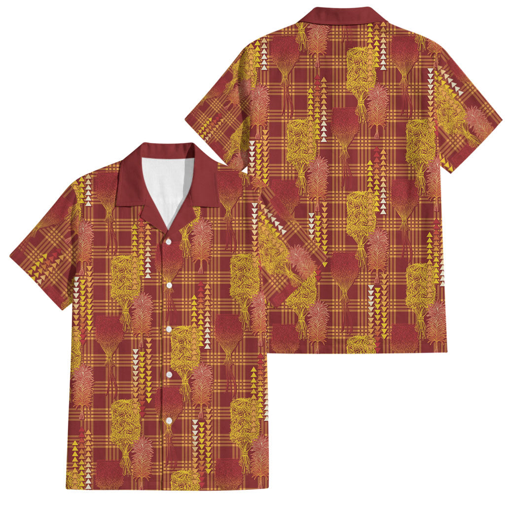 Aloha Hawaii Vintage Kahili Pa'a Lima Family Matching Off Shoulder Maxi Dress and Hawaiian Shirt Palaka Print Hilo Royal Red-Yellow