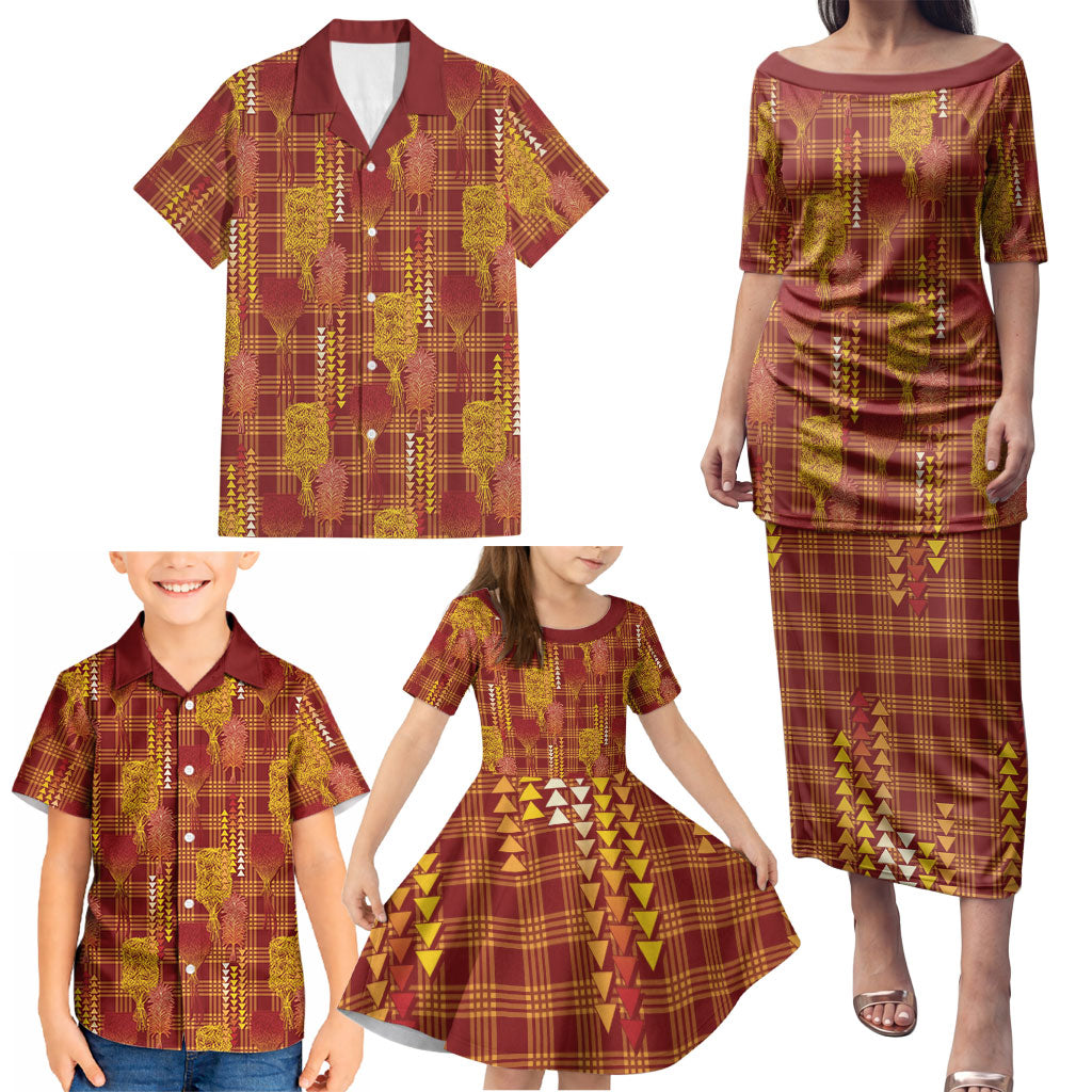 Aloha Hawaii Vintage Kahili Pa'a Lima Family Matching Puletasi and Hawaiian Shirt Palaka Print Hilo Royal Red-Yellow LT7 - Polynesian Pride