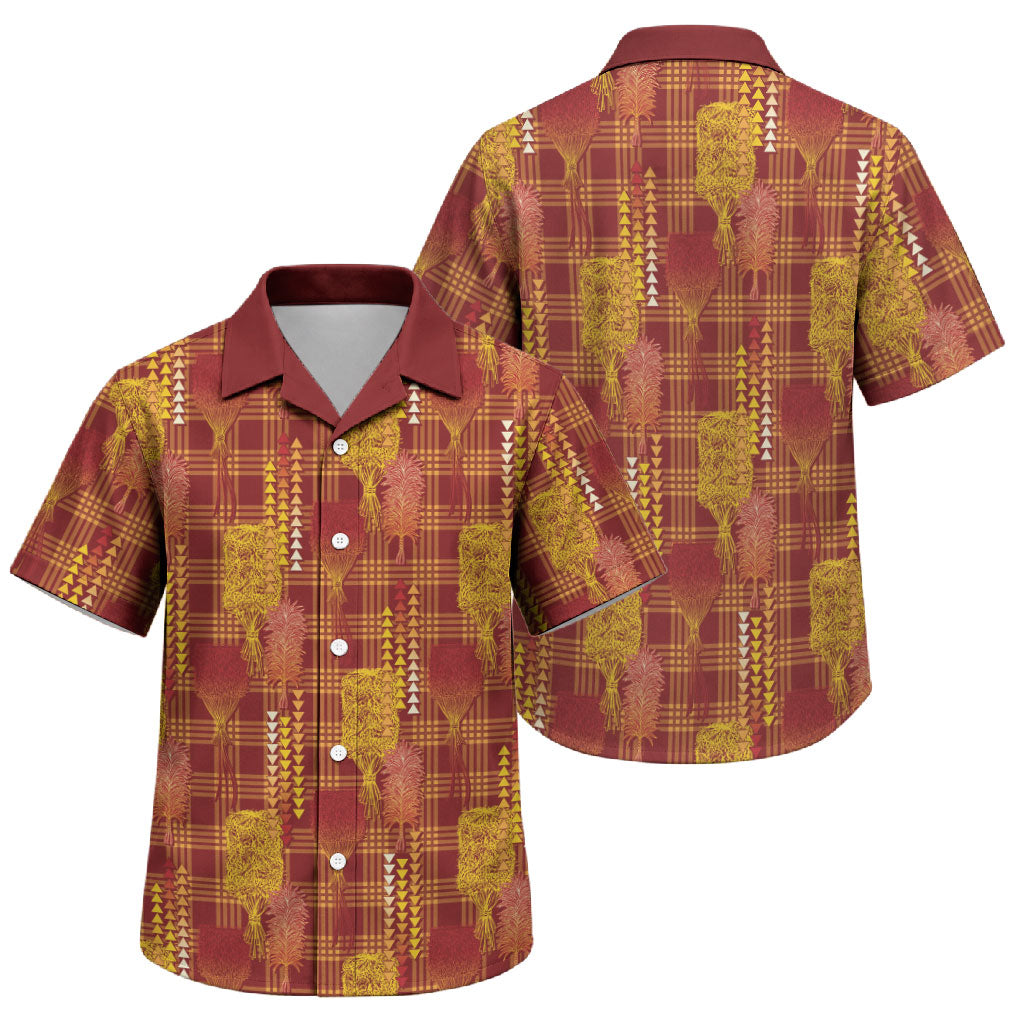 Aloha Hawaii Vintage Kahili Pa'a Lima Family Matching Short Sleeve Bodycon Dress and Hawaiian Shirt Palaka Print Hilo Royal Red-Yellow