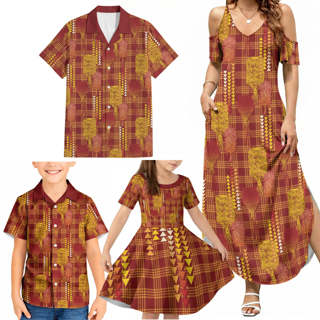 Aloha Hawaii Vintage Kahili Pa'a Lima Family Matching Summer Maxi Dress and Hawaiian Shirt Palaka Print Hilo Royal Red-Yellow