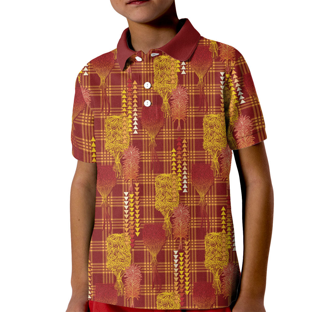 Aloha Hawaii Vintage Kahili Pa'a Lima Kid Polo Shirt Palaka Print Hilo Royal Red-Yellow