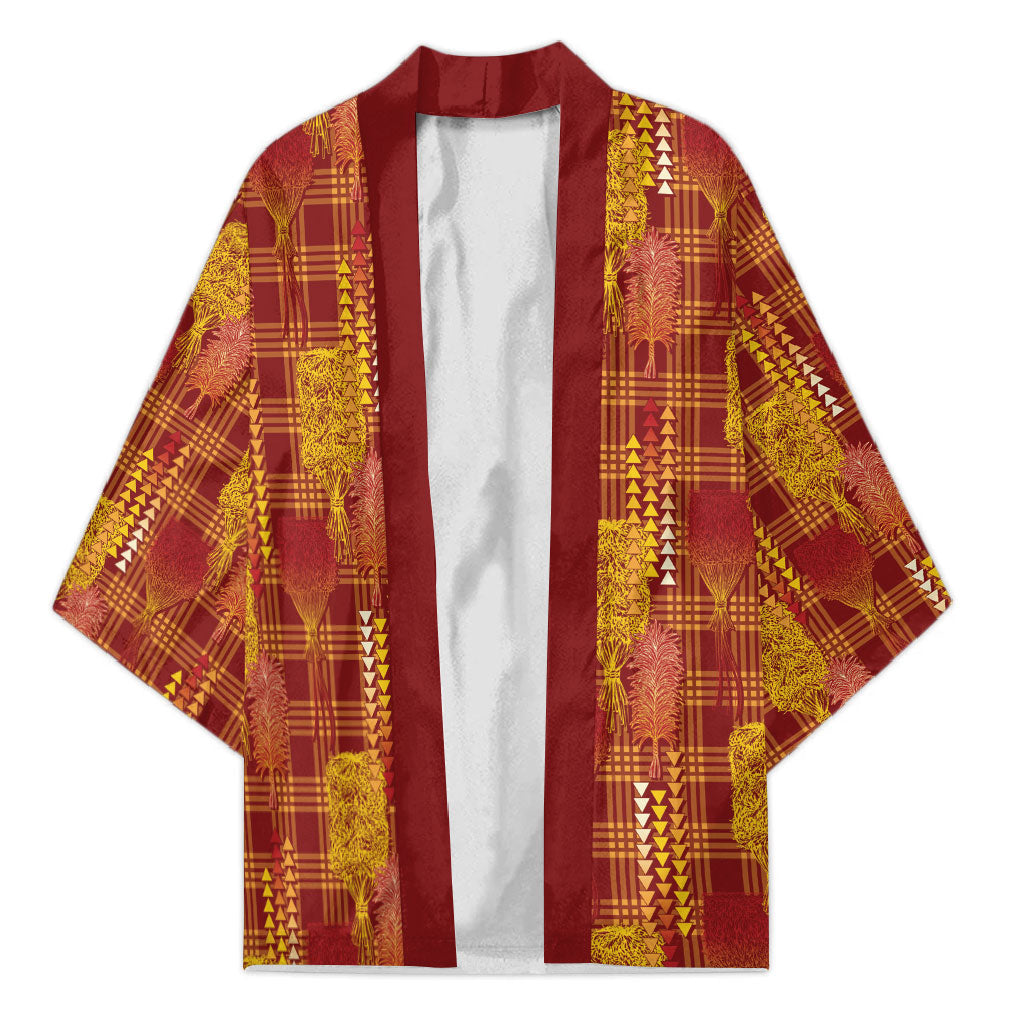 Aloha Hawaii Vintage Kahili Pa'a Lima Kimono Palaka Print Hilo Royal Red-Yellow LT7 Unisex Red - Polynesian Pride