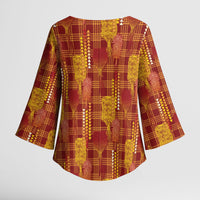 Aloha Hawaii Vintage Kahili Pa'a Lima Kimono Sleeve Blouse Palaka Print Hilo Royal Red-Yellow