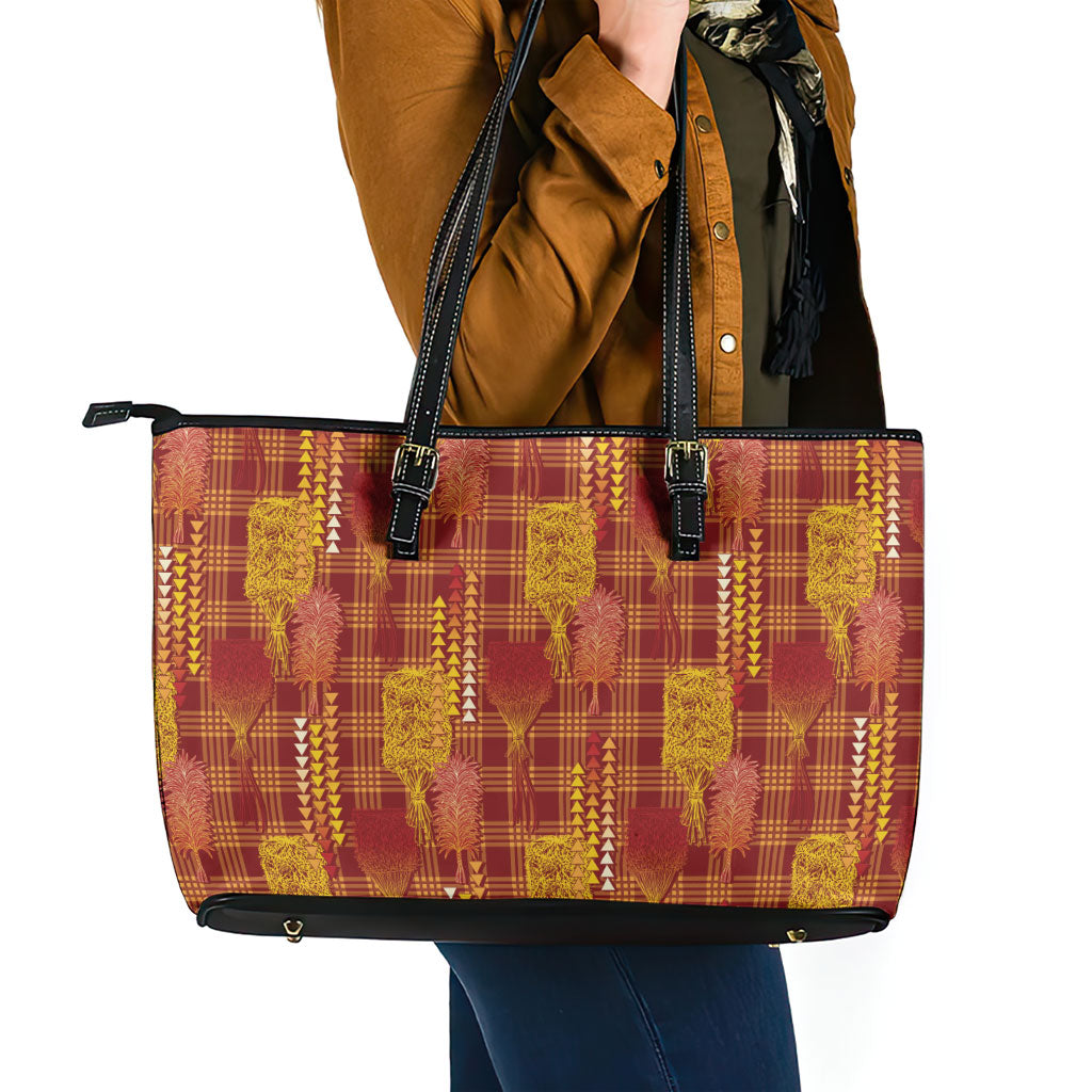 Aloha Hawaii Vintage Kahili Pa'a Lima Leather Tote Bag Palaka Print Hilo Royal Red-Yellow