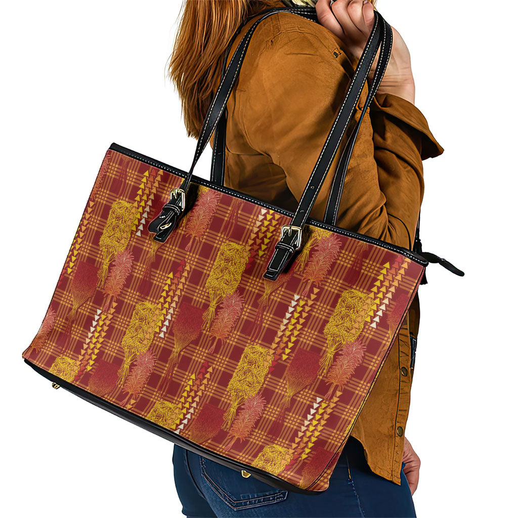 Aloha Hawaii Vintage Kahili Pa'a Lima Leather Tote Bag Palaka Print Hilo Royal Red-Yellow