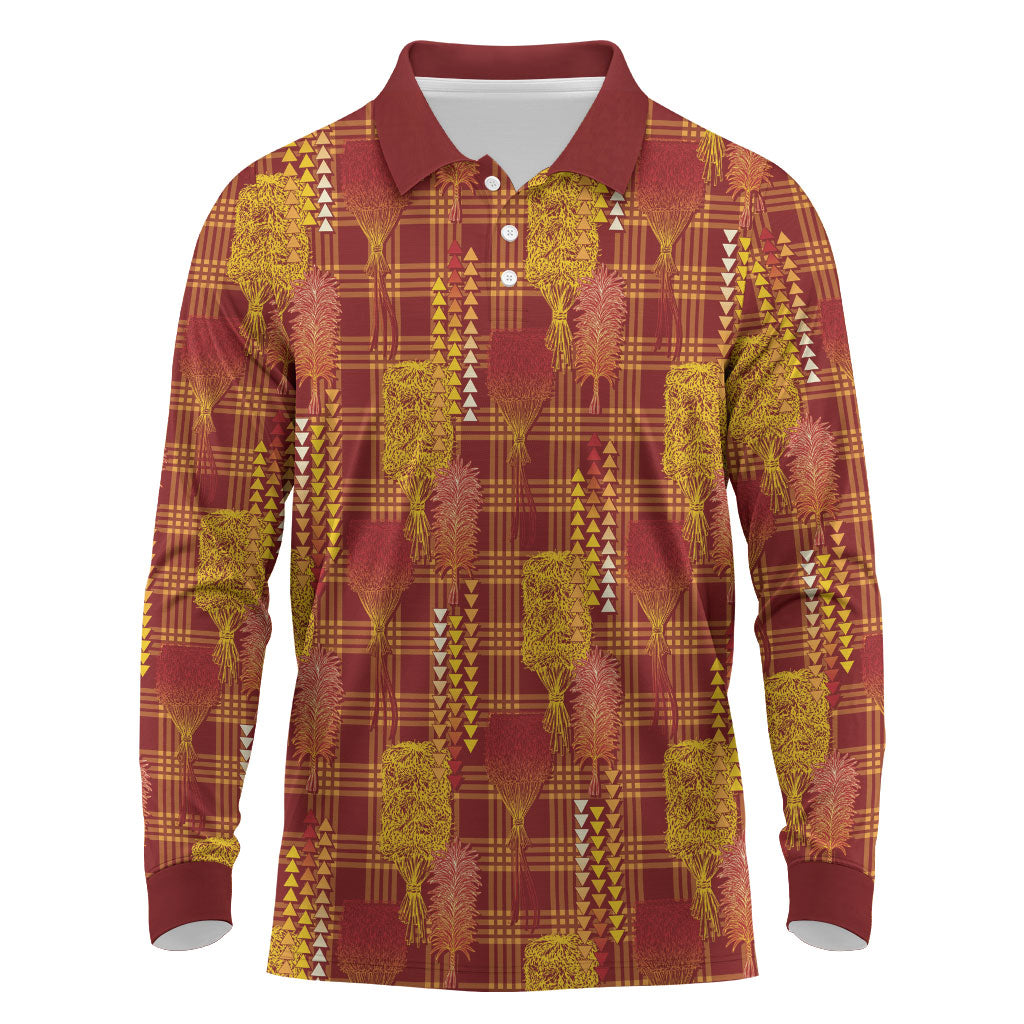Aloha Hawaii Vintage Kahili Pa'a Lima Long Sleeve Polo Shirt Palaka Print Hilo Royal Red-Yellow LT7 Red - Polynesian Pride