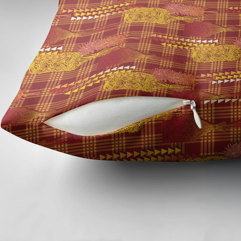 Aloha Hawaii Vintage Kahili Pa'a Lima Pillow Cover Palaka Print Hilo Royal Red-Yellow