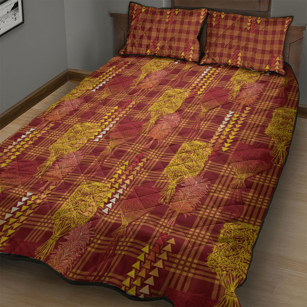 Aloha Hawaii Vintage Kahili Pa'a Lima Quilt Bed Set Palaka Print Hilo Royal Red-Yellow