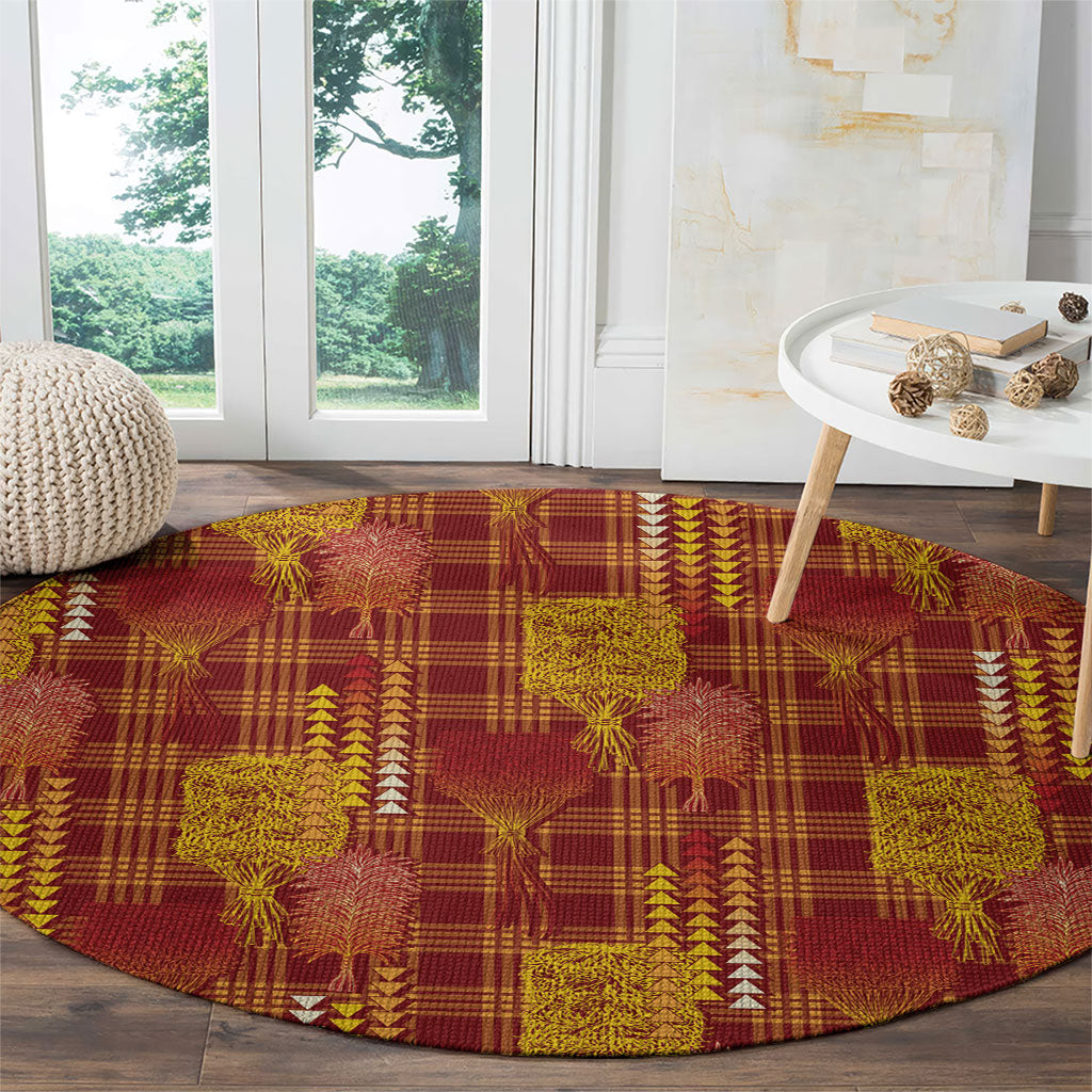 Aloha Hawaii Vintage Kahili Pa'a Lima Round Carpet Palaka Print Hilo Royal Red-Yellow