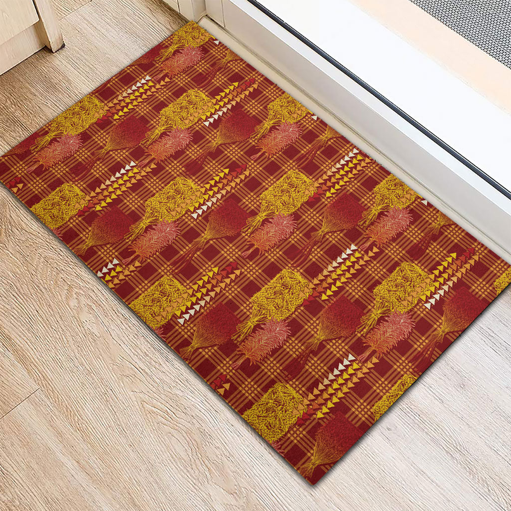 Aloha Hawaii Vintage Kahili Pa'a Lima Rubber Doormat Palaka Print Hilo Royal Red-Yellow