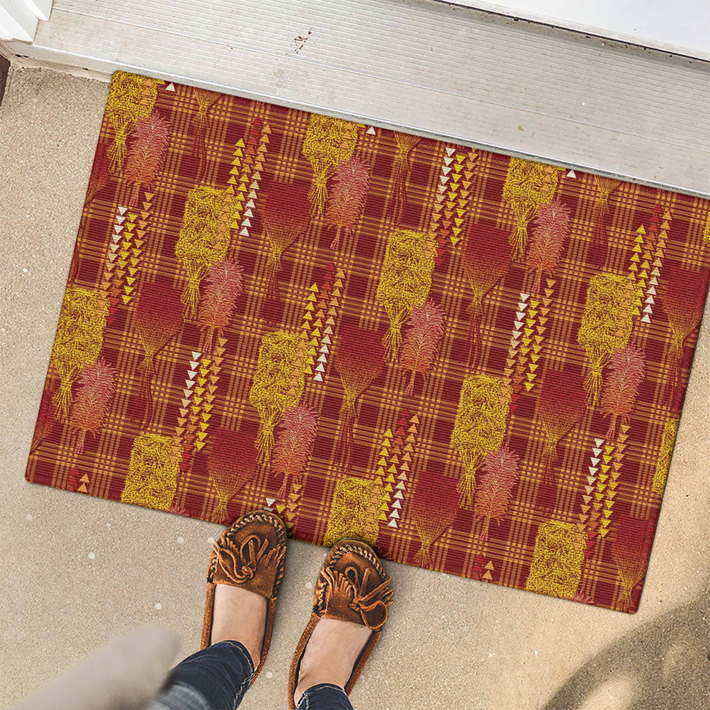Aloha Hawaii Vintage Kahili Pa'a Lima Rubber Doormat Palaka Print Hilo Royal Red-Yellow