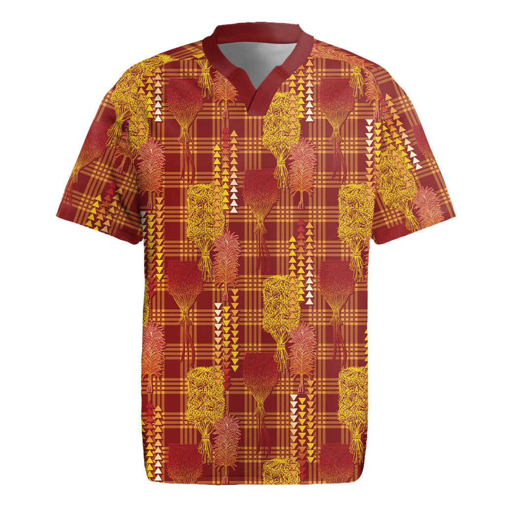 Aloha Hawaii Vintage Kahili Pa'a Lima Rugby Jersey Palaka Print Hilo Royal Red-Yellow LT7 Red - Polynesian Pride