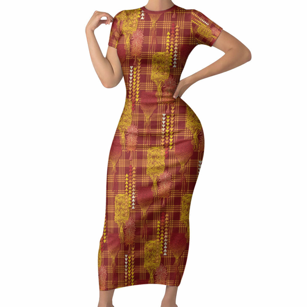 Aloha Hawaii Vintage Kahili Pa'a Lima Short Sleeve Bodycon Dress Palaka Print Hilo Royal Red-Yellow