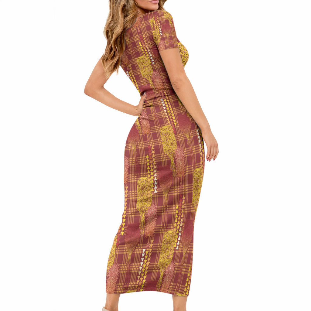 Aloha Hawaii Vintage Kahili Pa'a Lima Short Sleeve Bodycon Dress Palaka Print Hilo Royal Red-Yellow