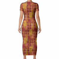 Aloha Hawaii Vintage Kahili Pa'a Lima Short Sleeve Bodycon Dress Palaka Print Hilo Royal Red-Yellow