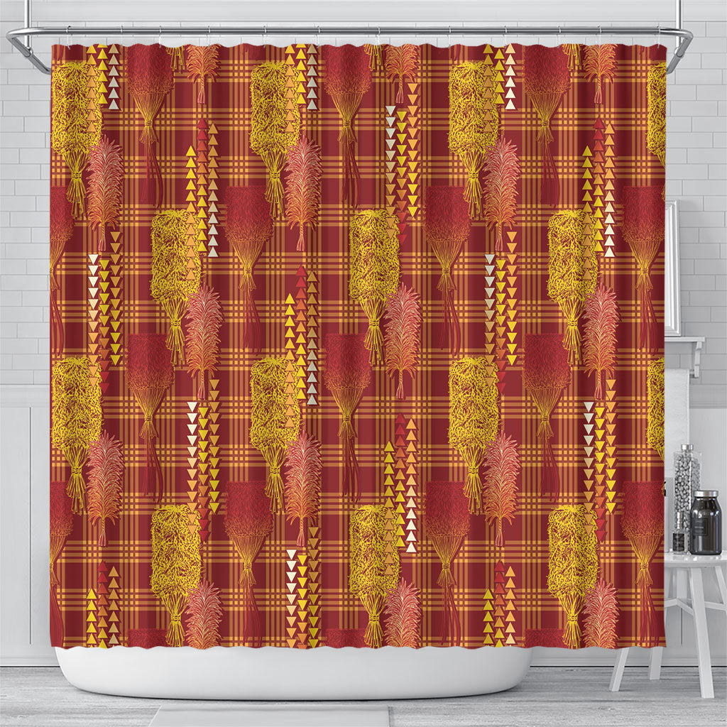 Aloha Hawaii Vintage Kahili Pa'a Lima Shower Curtain Palaka Print Hilo Royal Red-Yellow